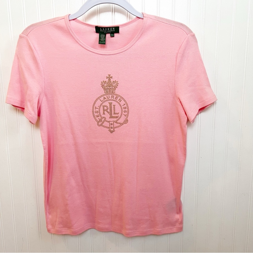 Lauren Ralph Lauren Petites Pink & Gold Rhinestone Crest Short Sleeve T-Shirt MP